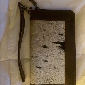 Brown and White Cowhide Leather Wristlet Wallet